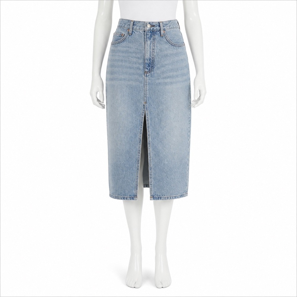 Denim Forum 90s Halle Denim Jean Midi Skirt Women's 28 Light Wash Slit